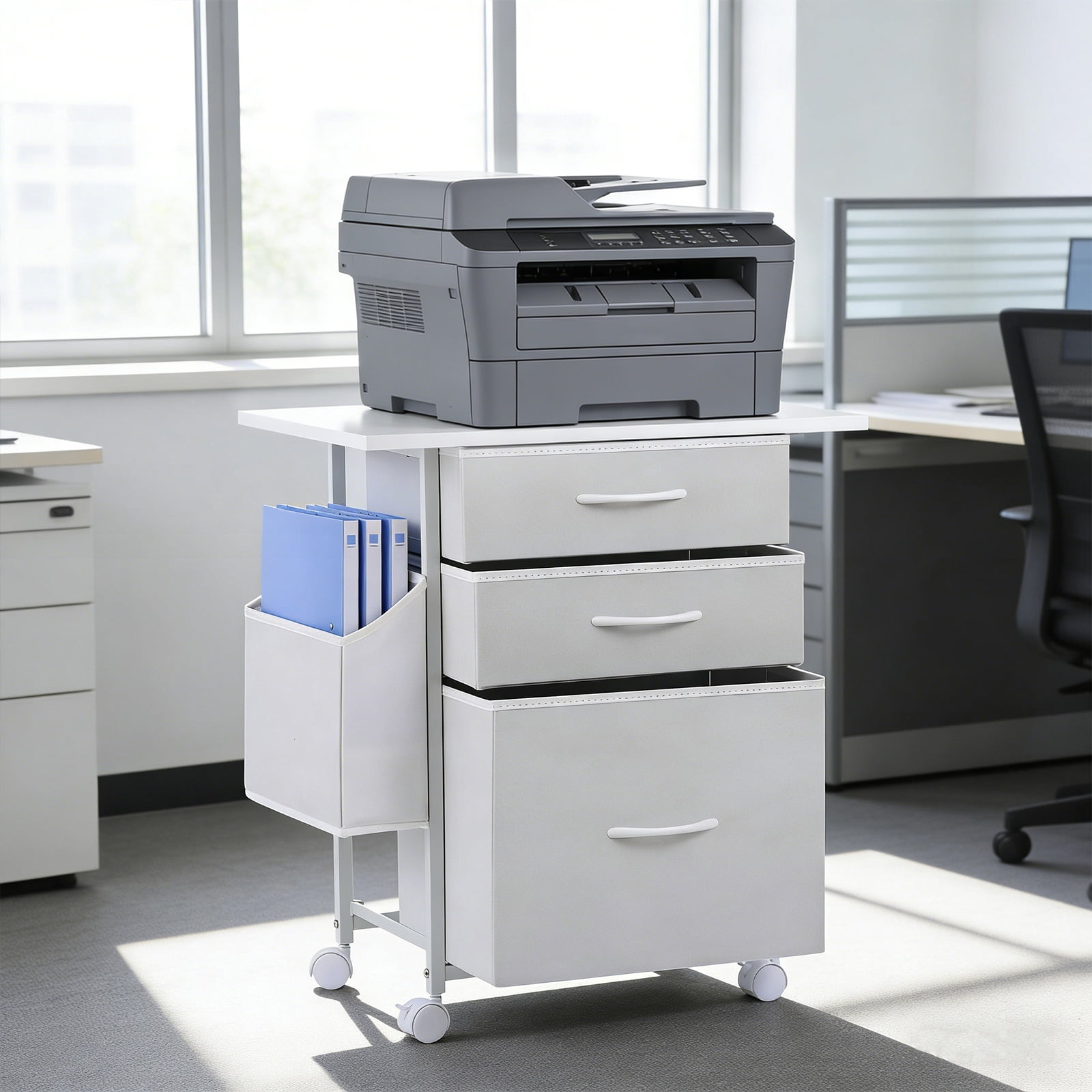 KATHY&BOB Printer Stand with 3 Fabric Drawers, Mobile File Cabinet, Desk Table Cabinet Fits A4 Letter Size, Home Office Furniture, White
