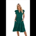 thumbnail image 1 of Vestido de Verano para Mujer, Cuello en V, Mangas con Volantes, Midi, Verde Oscuro, Talla L, 1 of 6