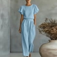 thumbnail image 3 of Dvprdro Crewneck Ruffle Sleeve Top and High Waist Wide Leg Pants Set for Women Elastic Waist Summer Casual, 3 of 7