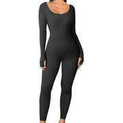 Blotona Women Ribbed Knit Yoga Jumpsuits Long Sleeve Scoop Neck Bodycon Jumpsuit One-Piece Workout Sports Outfits