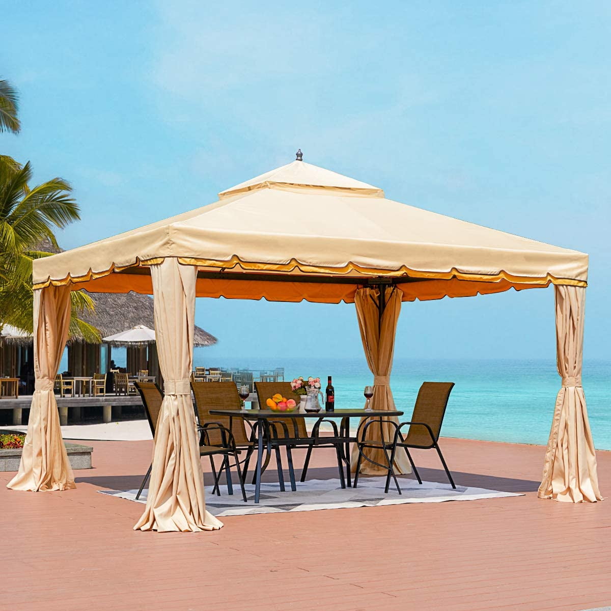 erommy 12 x 12 outdoor gazebo canopy aluminum frame soft top outdoor patio gazebo with polyester curtains and air venting screens 027beige