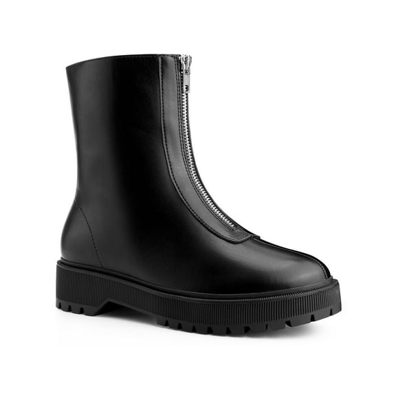 BLISSFUL STEP Women's Chunky Heel Ankle Boots Front Zipper Faux Leather Platform Booties Black 5.5