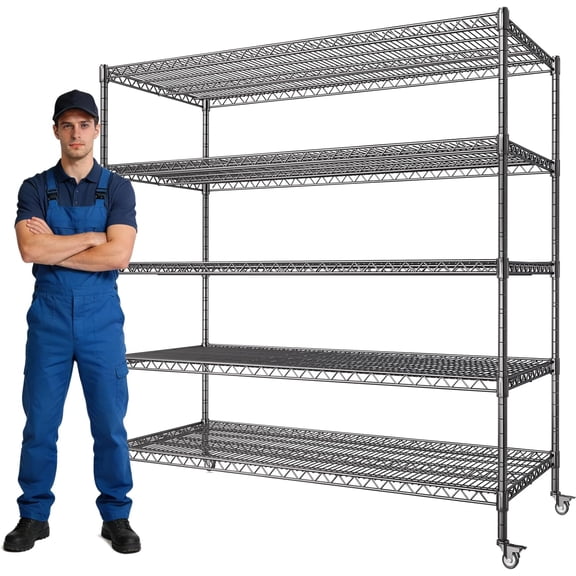 5-Shelf Heavy Duty Wire Shelving Unit,Garage Wire Shelf 3500 lbs Capacity, 60" W x 24" D Adjustable Metal Storage Shelves with Wheels Black