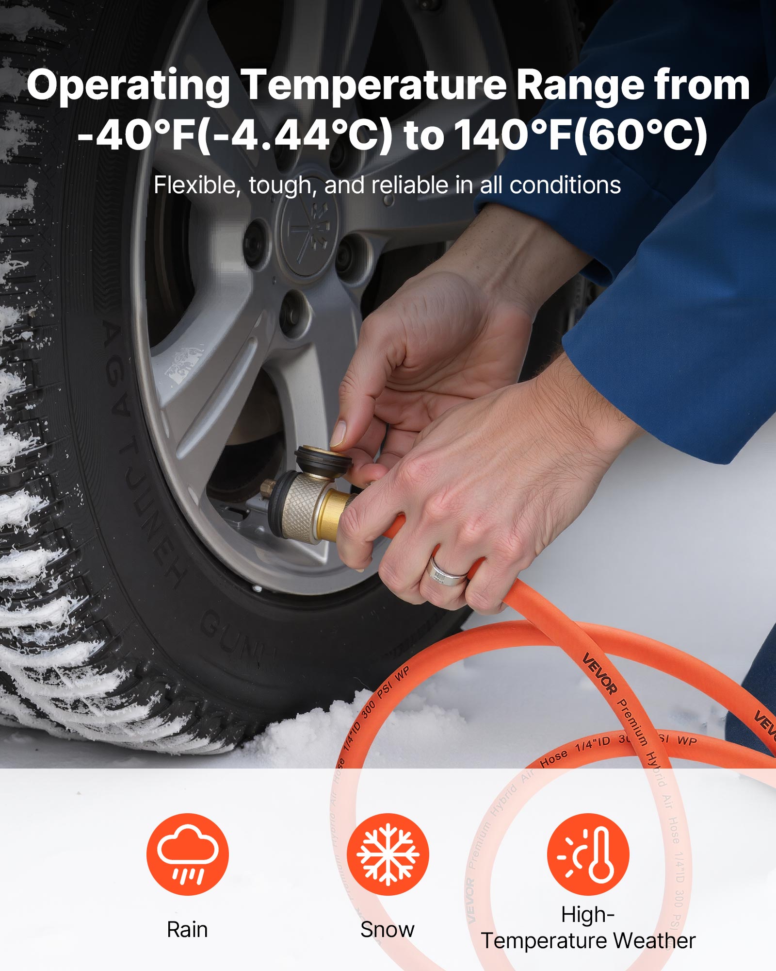 VEVOR Air Hose, 3/8'' x 250ft Hybrid Air Hose, Lightweight, Kink Resistant, Pneumatic Hoses with Three-Layer Hybrid Material for Auto, Home & Building, 300 PSI, All-Weather Flexibility, Orange