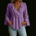 thumbnail image 5 of Mwjwdo Womens Long Sleeve Flare Cuff Ruffle V Neck Dressy Casual Textured Relaxed Fit Peplum Blouse Summer Shirts, 5 of 7