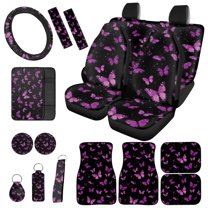 Jeiento Butterfly 17 Pcs Car Interior Sets, Car Seat Covers Full Set with Floor Mats Carpets Arm Rest Cover Seat Belt Cover Coaster, Universal Fits for Most Truck SUV Sedan Purple