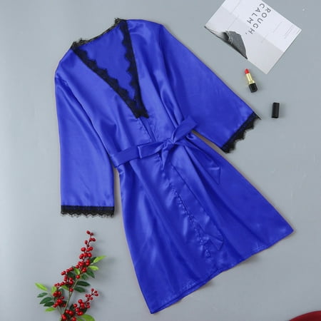 

Lingerie For Women New Women Satin Fashion Lace Patchwork Pajamas Sleepwear Robe Long Sleeve