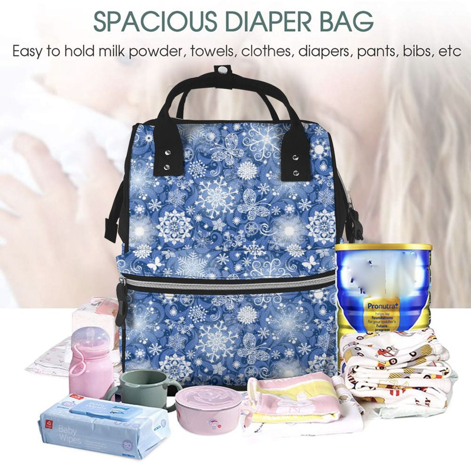Ratiio whiet Snowflake blue background Mummy Backpack - Waterproof Twill Canvas, Large Capacity Diaper Bag with Multiple Pockets and Adjustable Straps