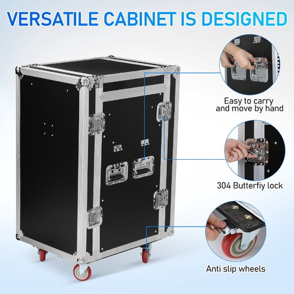 16U DJ Pro Audio Rack Road Case w/Slant Mixer Top, Heavy Duty Mobile Studio Equipment Cabinet, Network and Stereo Rack