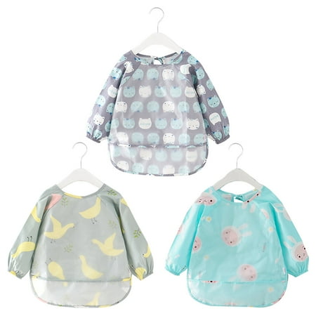 

Toddler Bib Long Sleeved 3PCS Waterproof Art Smock Feeding Bib with Food Catcher