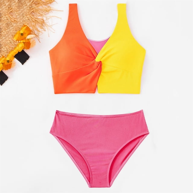 Girl's Solid Color Round Neck Swimsuit Bikini Set with Chest Cushion and Split Shorts for Beach and Pool