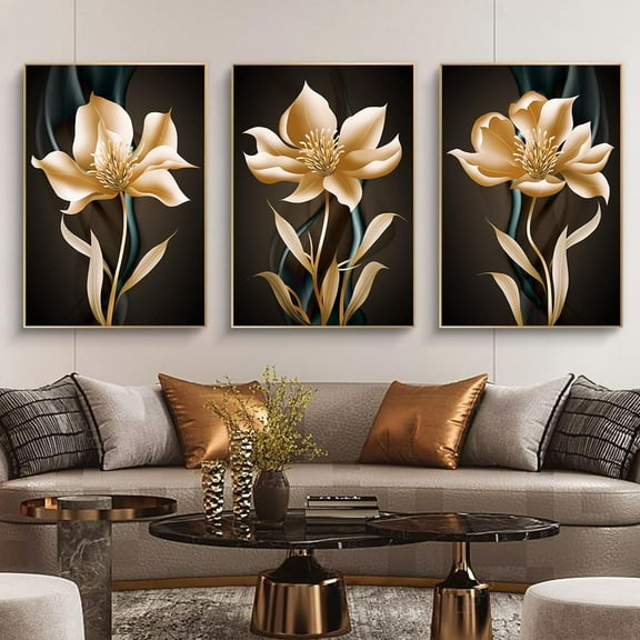 Beige Abstract Flower Canvas Wall Art Decor - Botanical Prints & Flower Painting - 16x24inx3pcs No