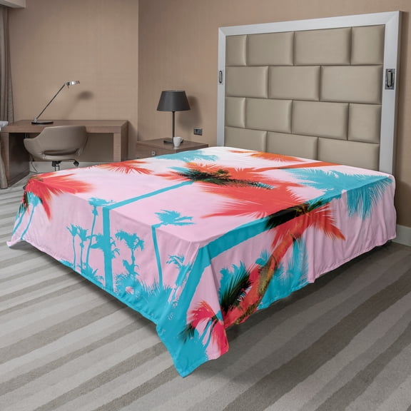 Ambesonne Tropical Flat Sheet, Palm Tree Silhouettes, Queen Size, Dark Coral Turquoise