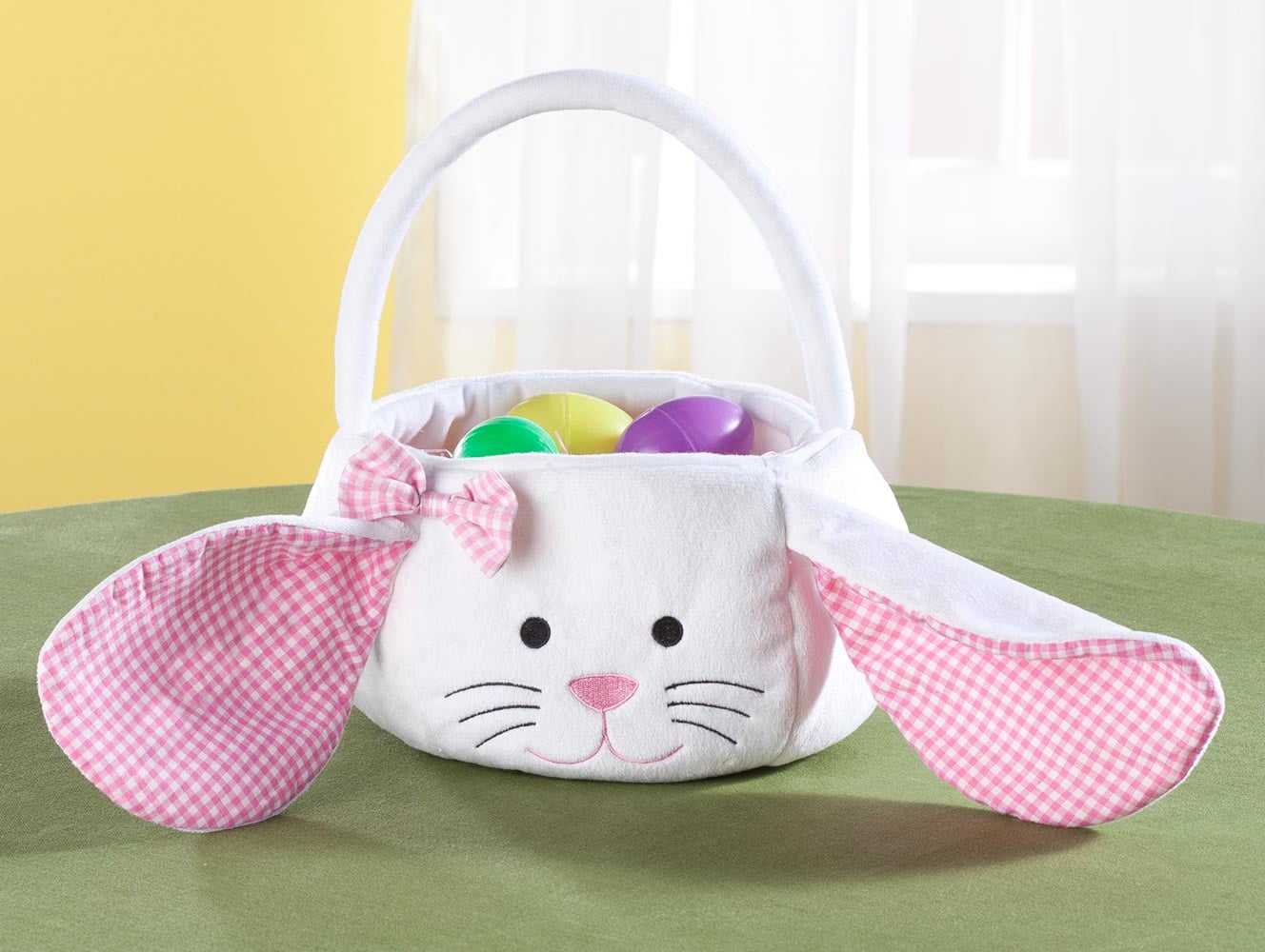 Kids Easter Basket, Plush White Bunny with Floppy Gingham Ears