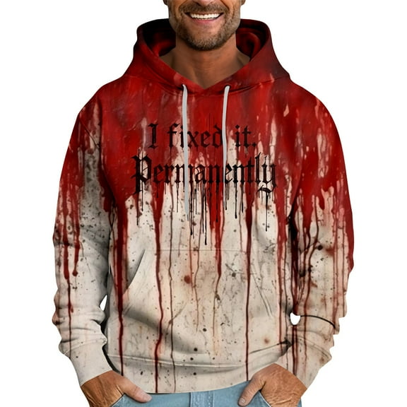 Domuza Halloween Hoodies for Men Horror Novelty Print Drawstring Hooded Sweatshirt Fall Winter Fashion Relaxed Fit Long Sleeve Pullover with Kangaroo Pocket Deep Red M