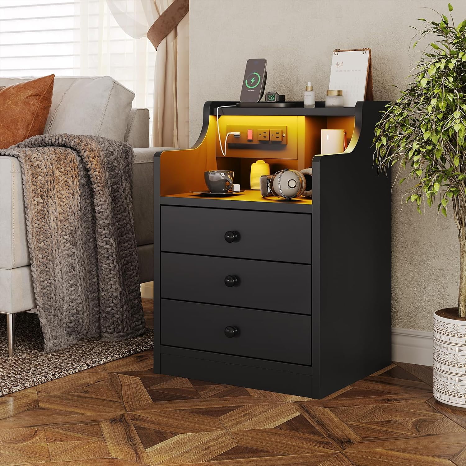 Afuhokles Black Nightstand Set of 2 with LED Light and Charging Station, Modern Bedside Table with Drawers
