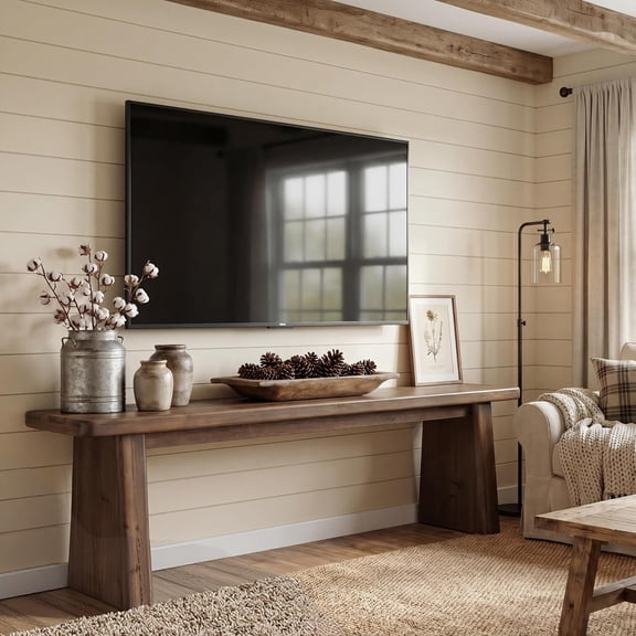 Finmind 55" Solid Wood TV Stand for TVs Up to 65", Farmhouse Entertainment Center, Rustic Brown