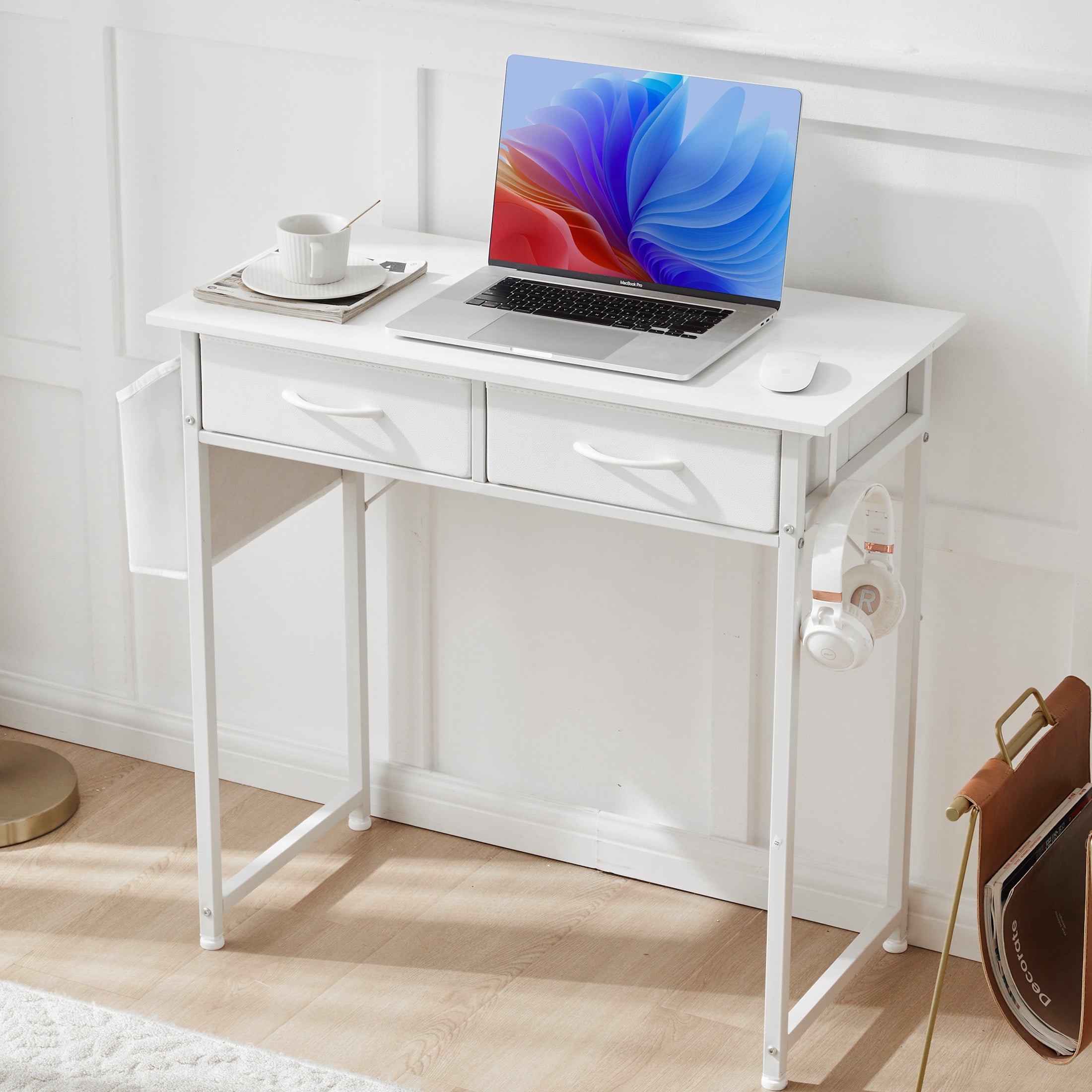 JIOABL Small Desk with 2 Drawers 32 Inch Bedroom Kids Student Vanity Home Office Computer PC Table with Fabric Storage Bag, Study Writing Wood Deskboard for Small Spaces,White