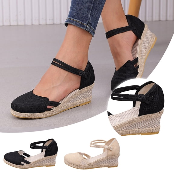 Pandaie Women's Closed Toe Wedge Sandals Canvas Platform Dressy Summer Espadrille Ankle Strap Slip on Walking Shoes Beige Size 6