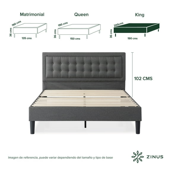 Base de Cama con Cabecera King Size Zinus Dachelle Tapizada Con Botones Gris Oscuro. Fácil Armado, para Todas las Edades.