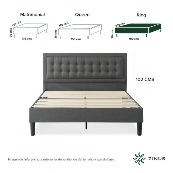 Base de Cama con Cabecera King Size Zinus Dachelle Tapizada Con Botones Gris Oscuro. Fácil Armado, para Todas las Edades.