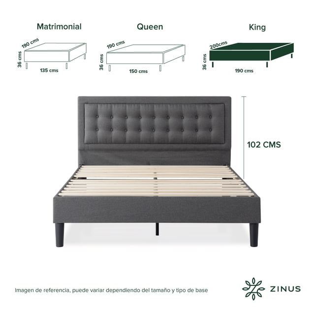 Base de Cama con Cabecera King Size Zinus Dachelle Tapizada Con Botones Gris Oscuro. Fácil Armado, para Todas las Edades.