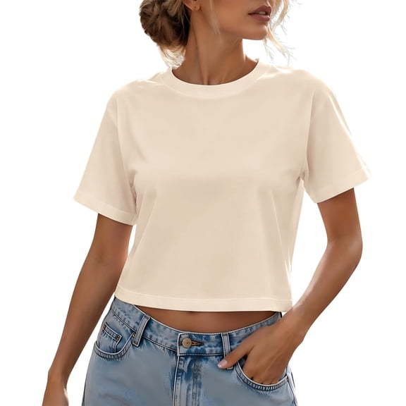 BODOAO Women's Crop Tee Shirts Crewneck Short Sleeve T-Shirts Pack Summer Casual Solid Slim Fit Active Workout Basic Plain Crop Tops Everyday Streetwear Apparel Beige L