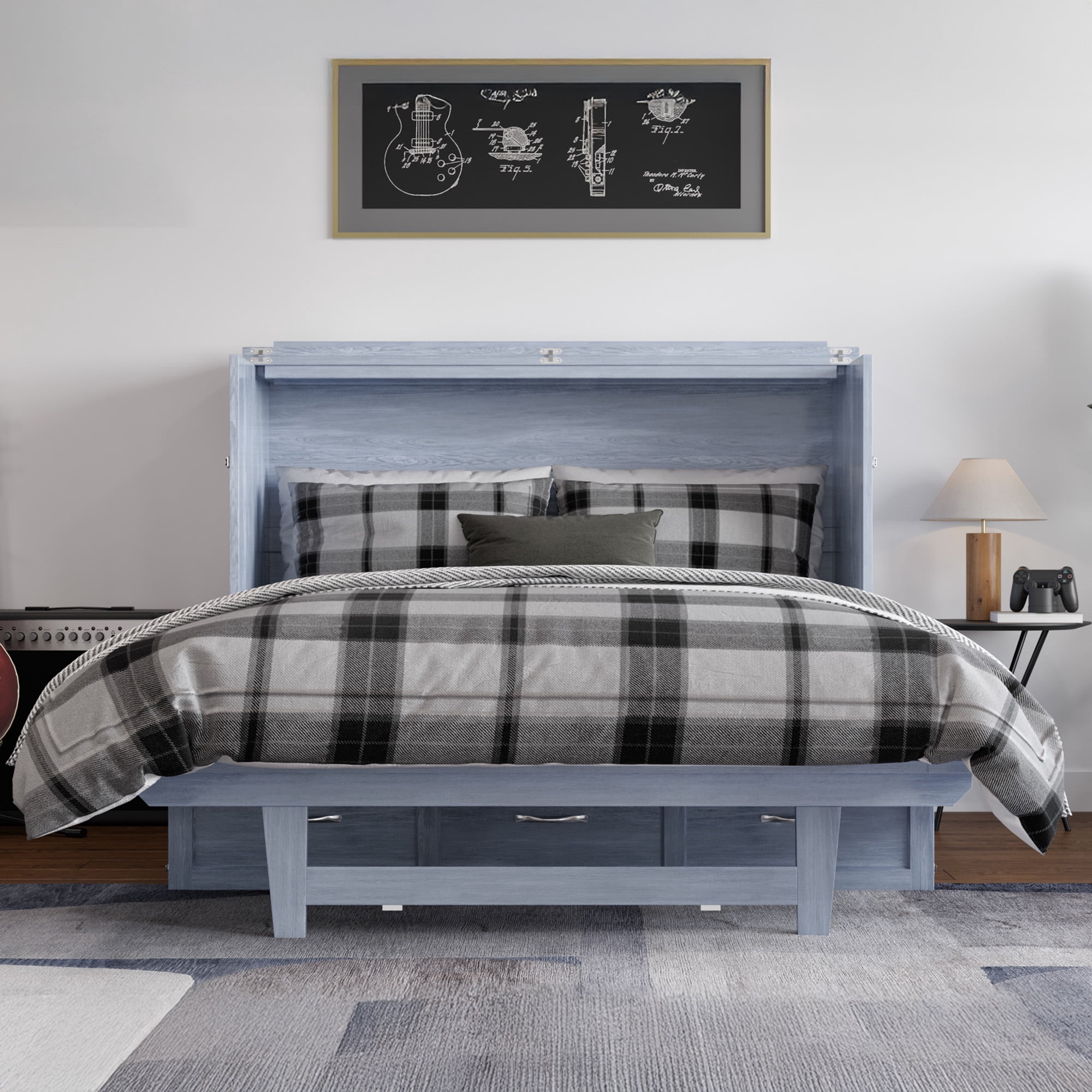 AFI Northfield Full Wood Murphy Bed Chest with 6" Mattress, Drawer & Charger, Driftwood