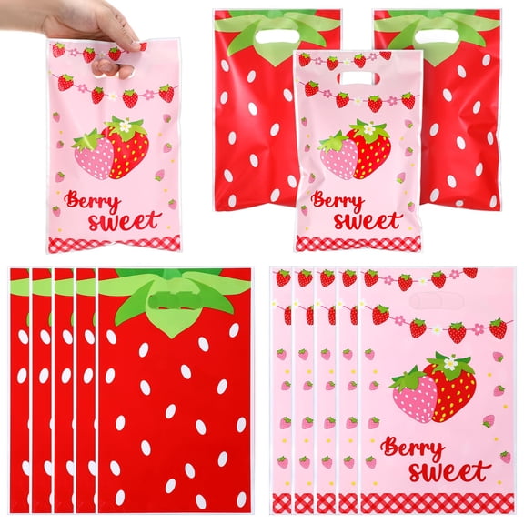 30Pcs Strawberry Birthday Candy Bags, Plastic Strawberry Girl Candy Bags for Christmas Birthday Baby Shower