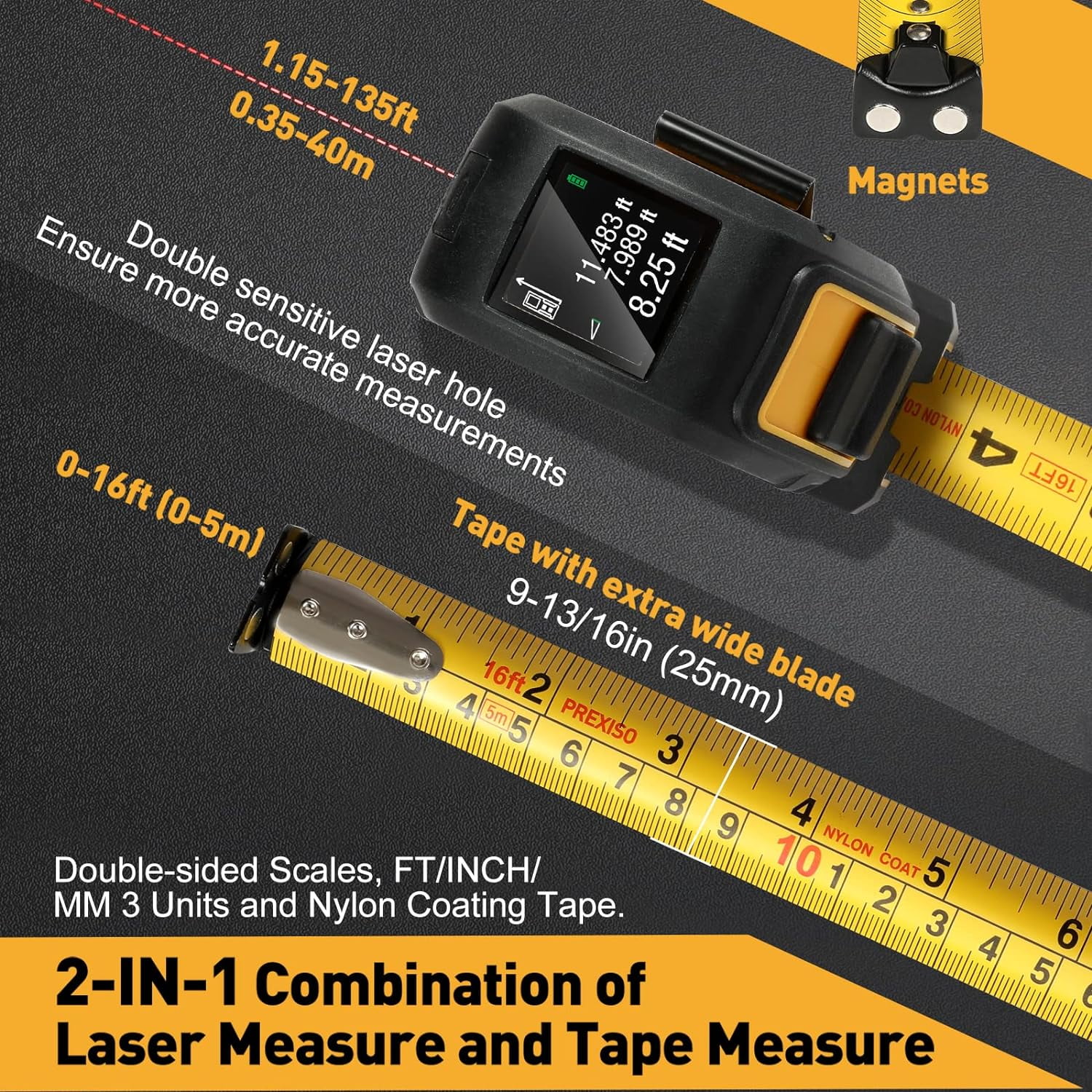PREXISO 2-in-1 Laser Tape Measure, 135Ft Rechargeable Measurement Tool & 16Ft Measuring Movable Magnetic Hook - Pythagorean, Area, Volume, Ft/Ft+in/in/M Unit NOT Digital