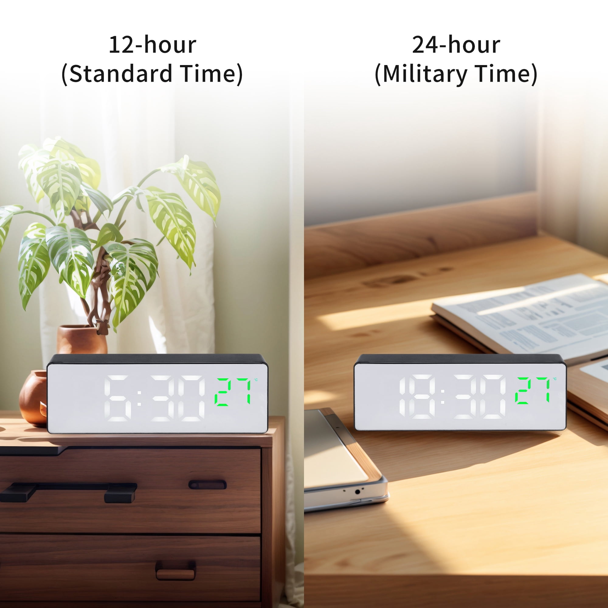 Unique Bargains Mirror Alarm Clock with Triple Alarm Functions 6.3"L x 1"W x 2.4"H
