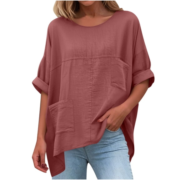 T-Shirts For Women Sevevn Womens Oversized Linen Blend Blouse 3/4 Roll Sleeve Round Neck Casual Top with Pockets Red XXL