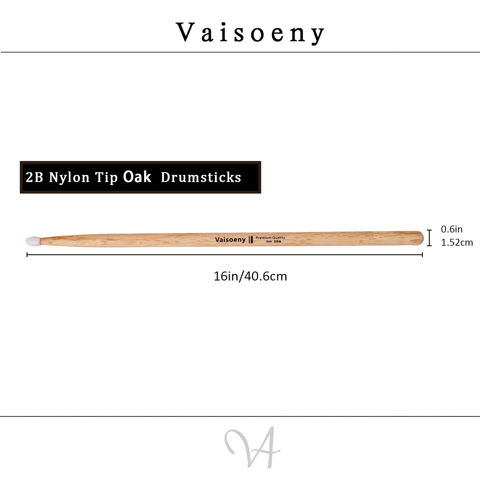 Vaisoeny 2B Drumsticks, Nylon Tip Drum Sticks Set for Acoustic Drums or Electronic Drums, Oval Nylon Tip Oak Drumsticks for Drummers and beginners (12 Pair)