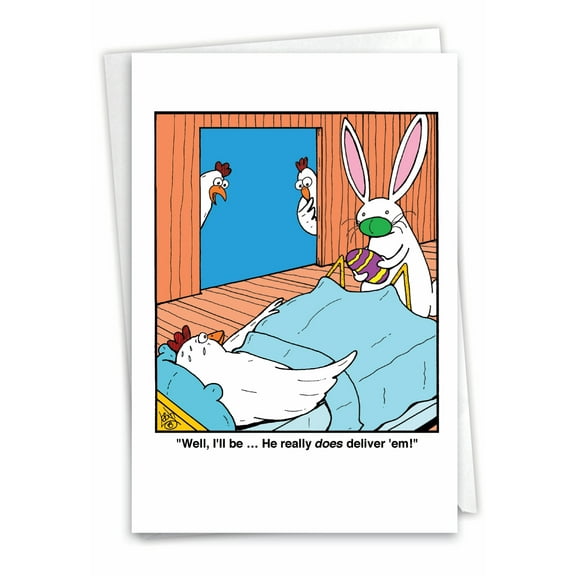 Funny Easter Greeting Card with 5 x 7 Inch Envelope - White Rabbit Delivering Painted Egg from Sweating Chicken