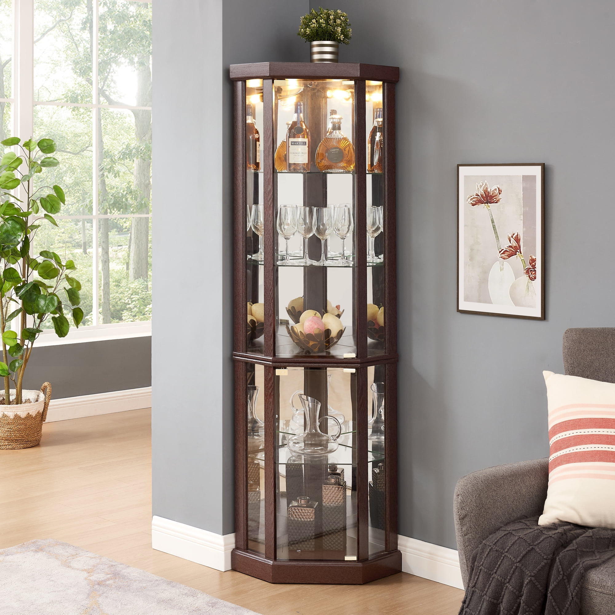 Leumius Corner Lighted Curio Cabinet Corner Glass Cabinet Lighted Curio Cabinet Corner Display Case for Living Room, Curio Cabinet, Antique Collection, Wine Cherry