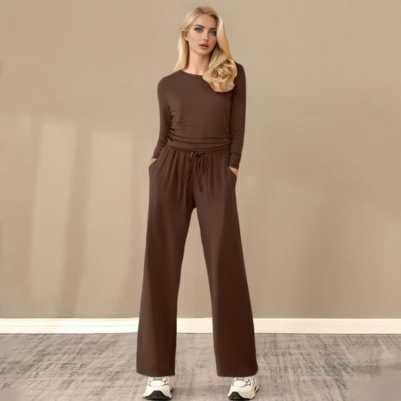 Women's Fall Two Piece Outfits Track Suits Long Sleeve Crop Tops Tee Shirts Wide Leg Pants Matching Sets Lace Panel Jumpsuit Two Piece for Women Pants Suit Womens Suits Dressy Pants for Women Ruffled