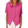 thumbnail image 3 of Pxxlle Button Down Shirts for Women Business Casual Short Sleeve Shirt Solid Color Curved Hem Blouses Dressy Lapel Tops Hot Pink M, 3 of 10