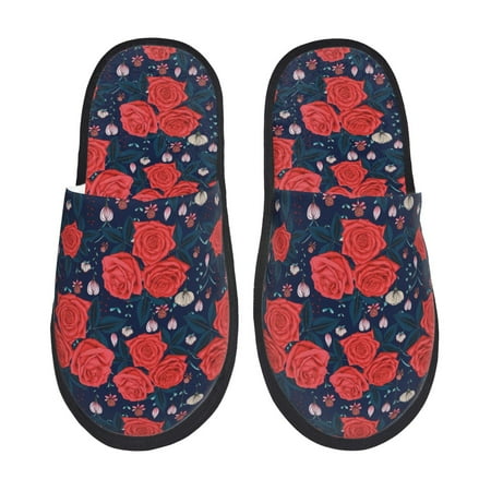 Balery Rose Flower Slient Indoor Furry Fleece Comfort House Shoes Soft Non-Slip Home Shoes Cotton slippers House Slippers-- Large