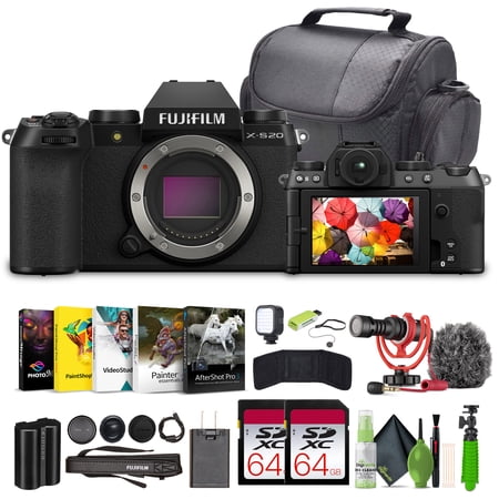 Fujifilm X-S20 Professional Compact Digital Mirrorless Camera Body - Black - Bundle 2x 64GB Memory Card + Lens Cleaning Kit + Vlogging Tripod+ Video LED Light + Rode on Camara Microphone + More