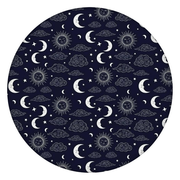 Dark Blue Sun Moon Cloud Pattern Round Fitted Tablecloth with Elastic Edge,Dining Table Cover Waterproof,Outdoor Round Tablecloth for Camping,Dining,Indoor and Outdoor