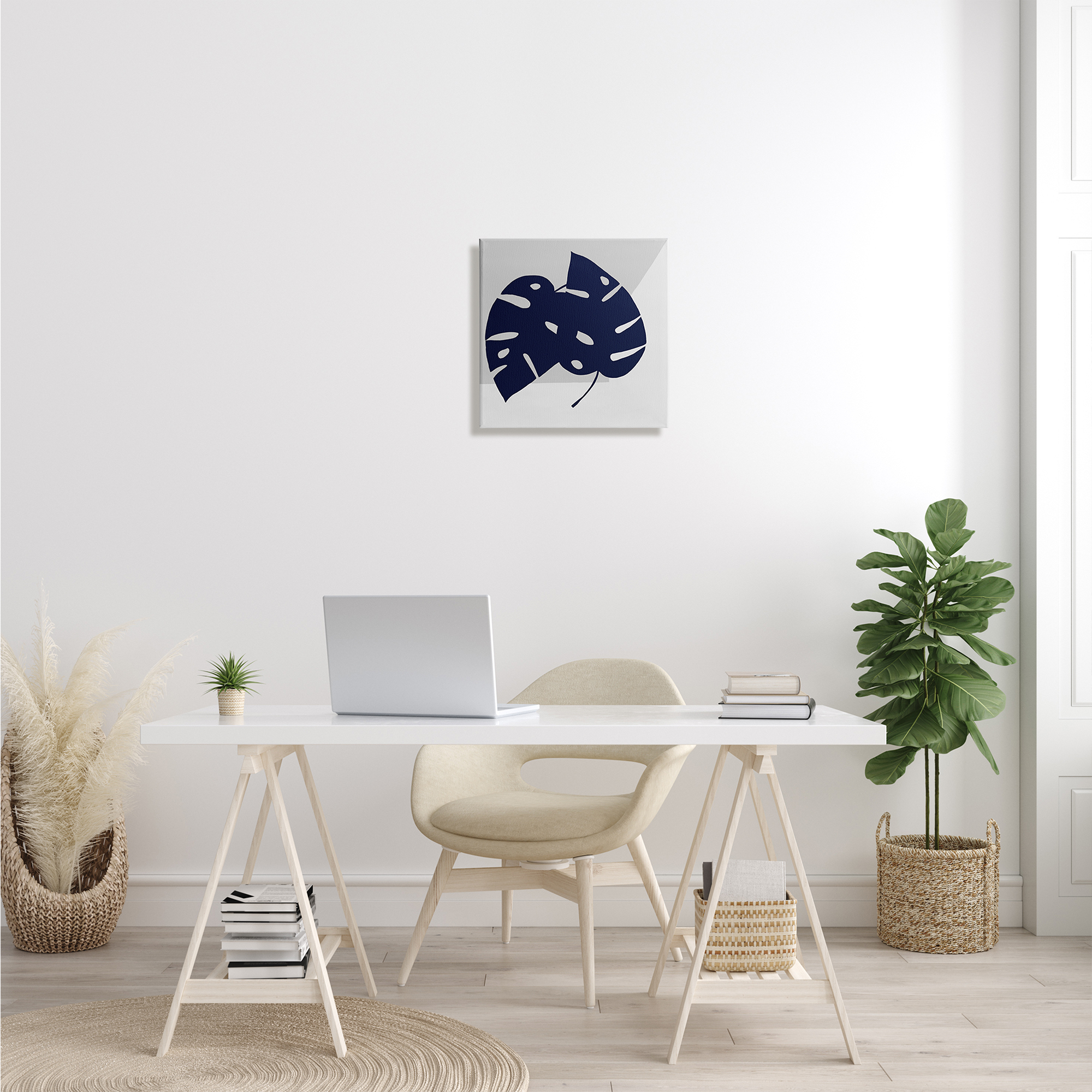 Blue Monstera Leaf Silhouettes Geometric Grey Angles Botanical & Floral Gallery-Wrapped Canvas Print Wall Art, 17x17