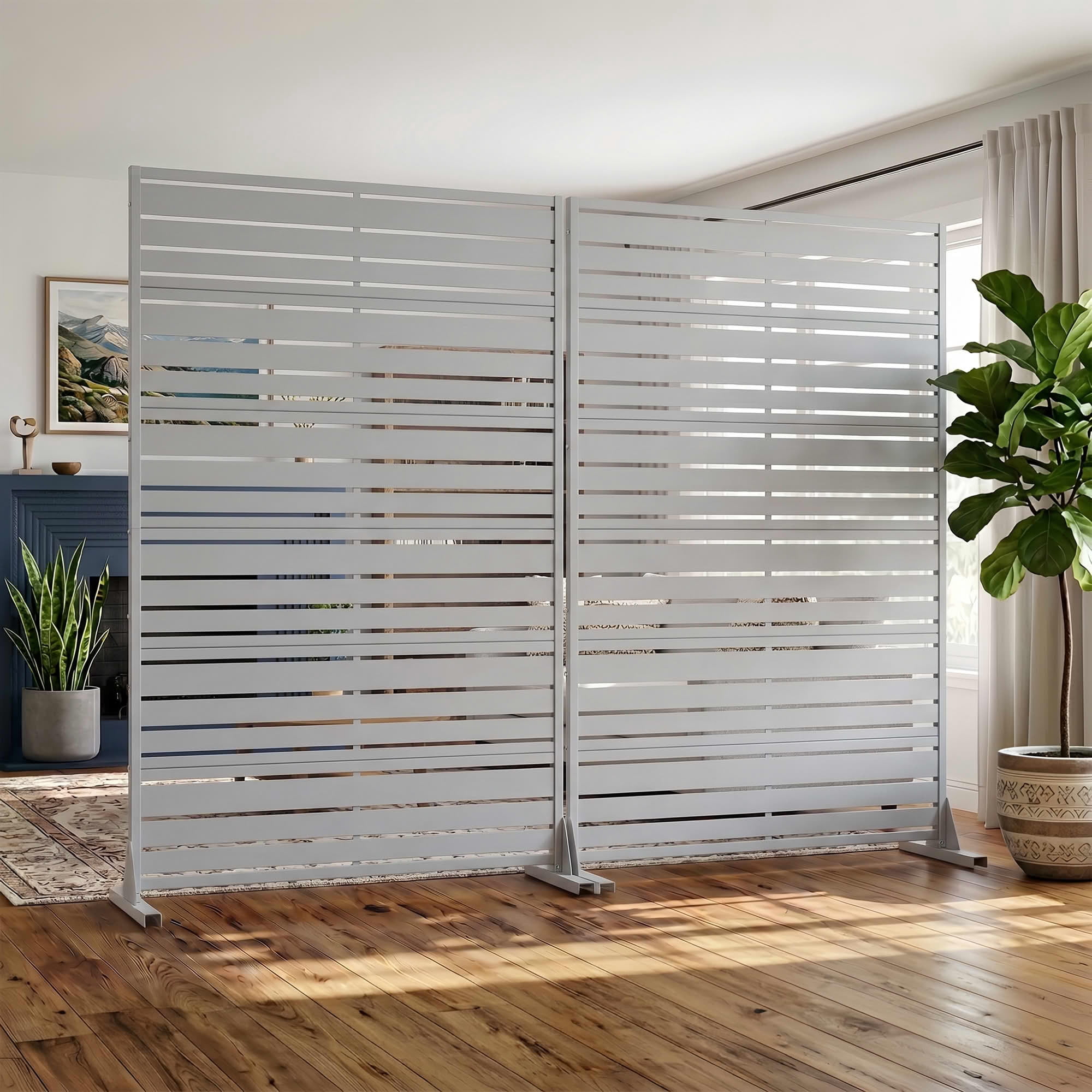 MAYEERTY 72"x47" Privacy Screen, Gray 6-Panel Galvanized Steel Louvered Fence, Wide-1 Narrow-2 Style, Freestanding for Patio Backyard