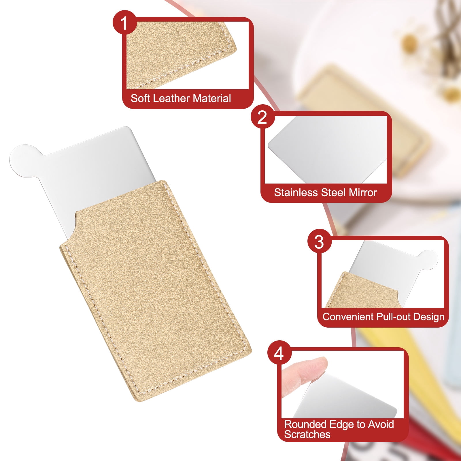 Unique Bargains Small Pocket Mirror Purse Stainless Steel PU Leather Gift Khaki