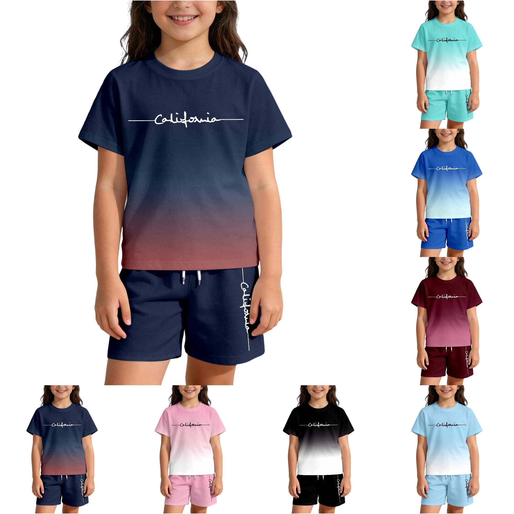 CUZIBR Toddler Summer City Name Gradient Print Outfit Sets Kids O-Neck Short Sleeve Tshirts Tops With Shorts Alphabet Design Girls Boys Summer Clothes Sets Navy 11-12 Years