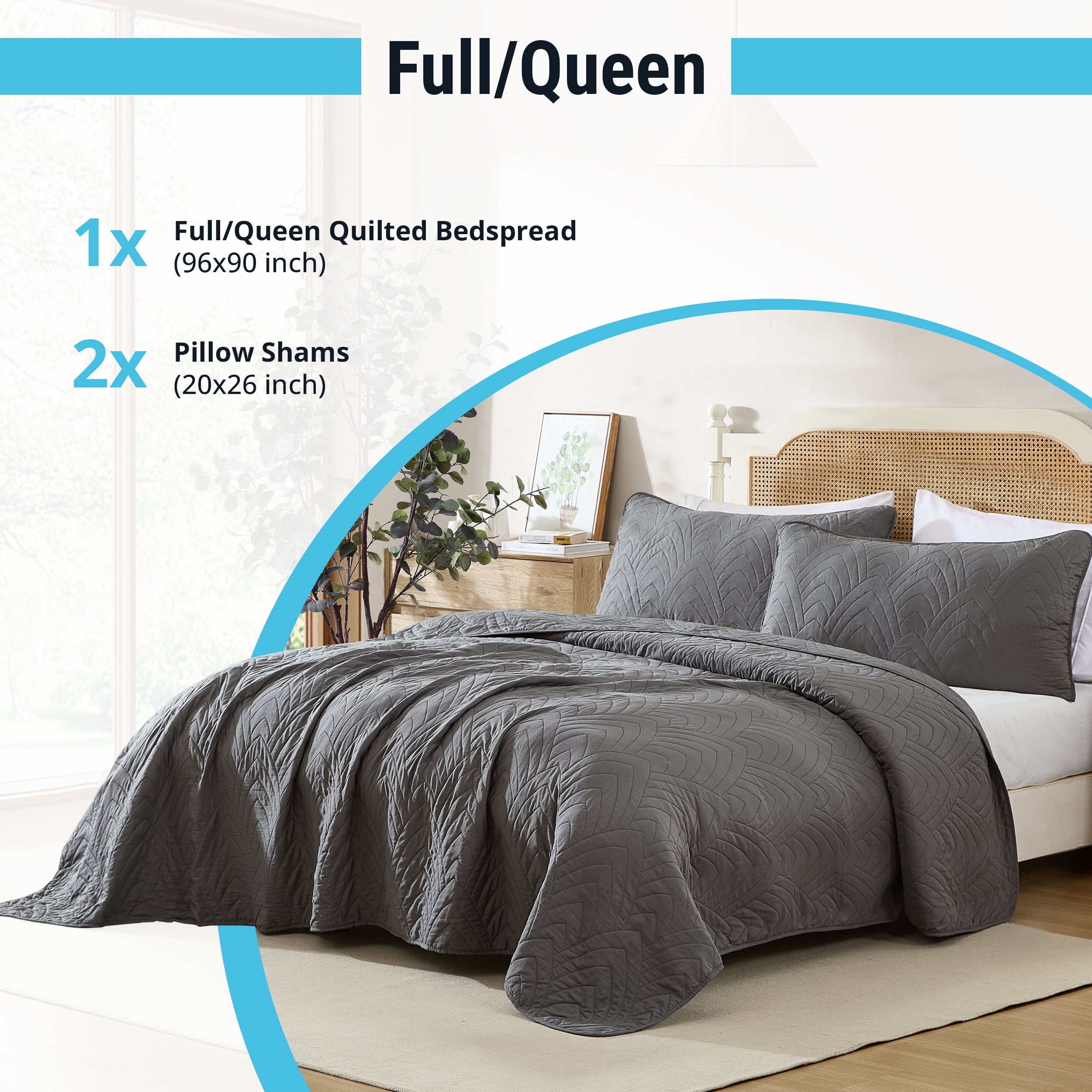 THD Winston - 3 Piece Full Queen Size Quilt Set, Lightweight Queen Bedspread Coverlet Set (Full/Queen, Charcoal Grey)