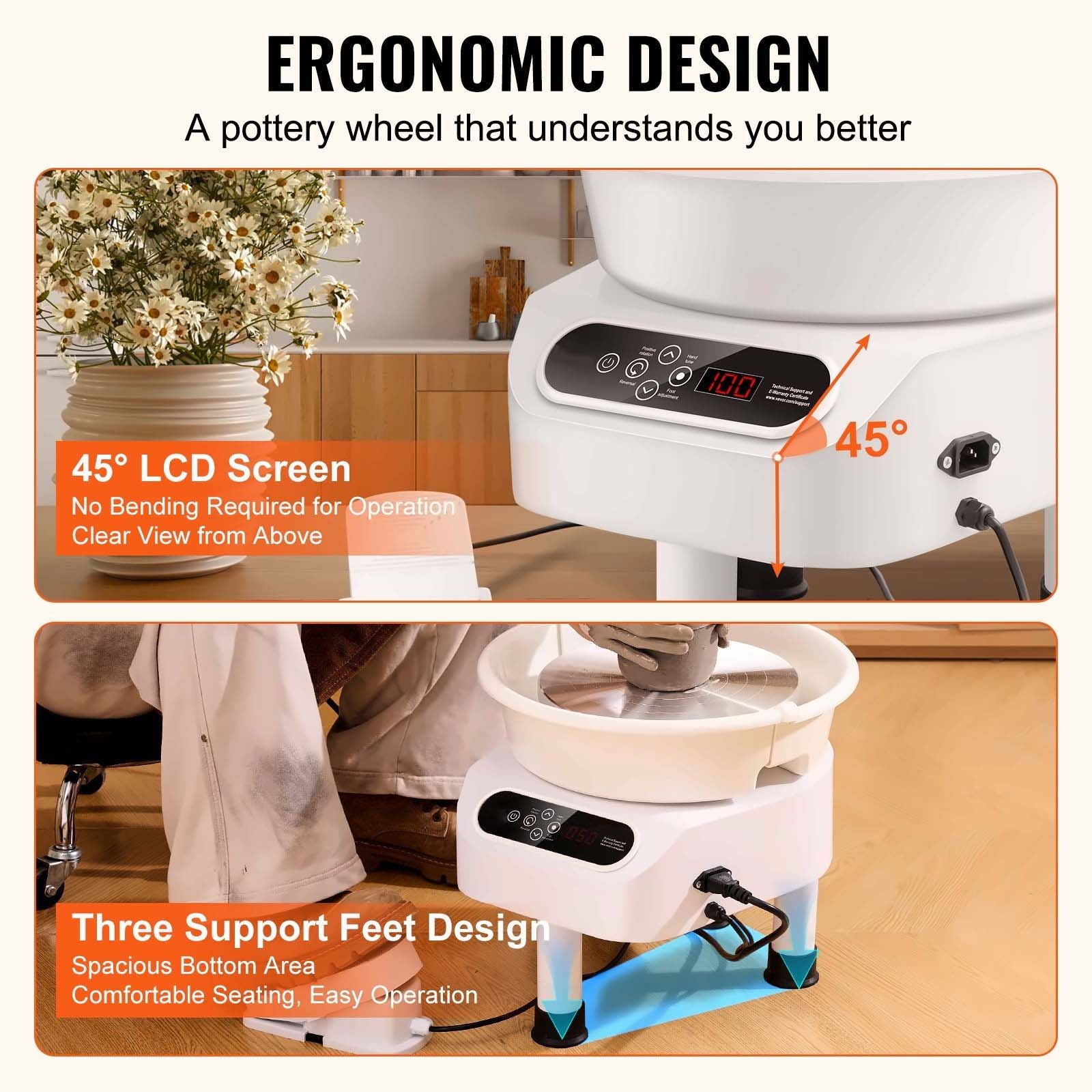 Pottery Wheel 11 Inch, 450W Electric Pottery Forming Machine with Foot Pedal & LCD Touch Screen, Direct Drive Ceramic Wheel Kit for Clay Art, DIY Crafts - White