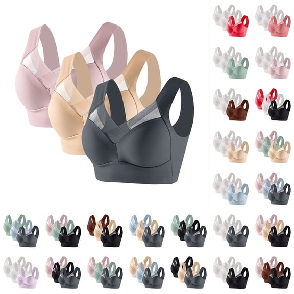 Gymayou 3 Pack Women Seamless Wireless Padded Bras Full Coverage Underarm Smoothing Everyday Bra Breathable Mesh V Neck Posture Correcting Multicolor #1 L