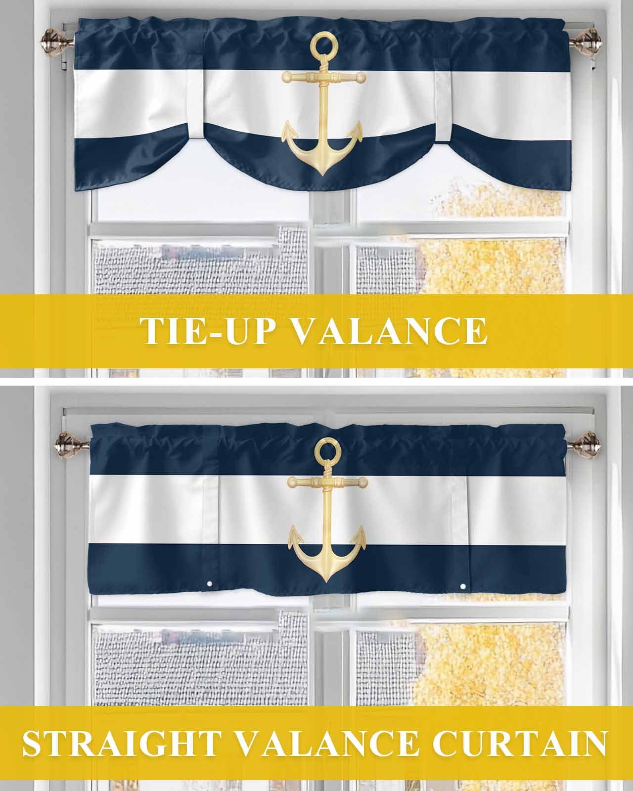 Navy Blue Tie Up Valances Curtain, Stripe Gold Anchor Pattern Kitchen Valances for Windows Decor, Rod Pocket Short Curtains Set for Bedroom/Bathroom, 54"x18"