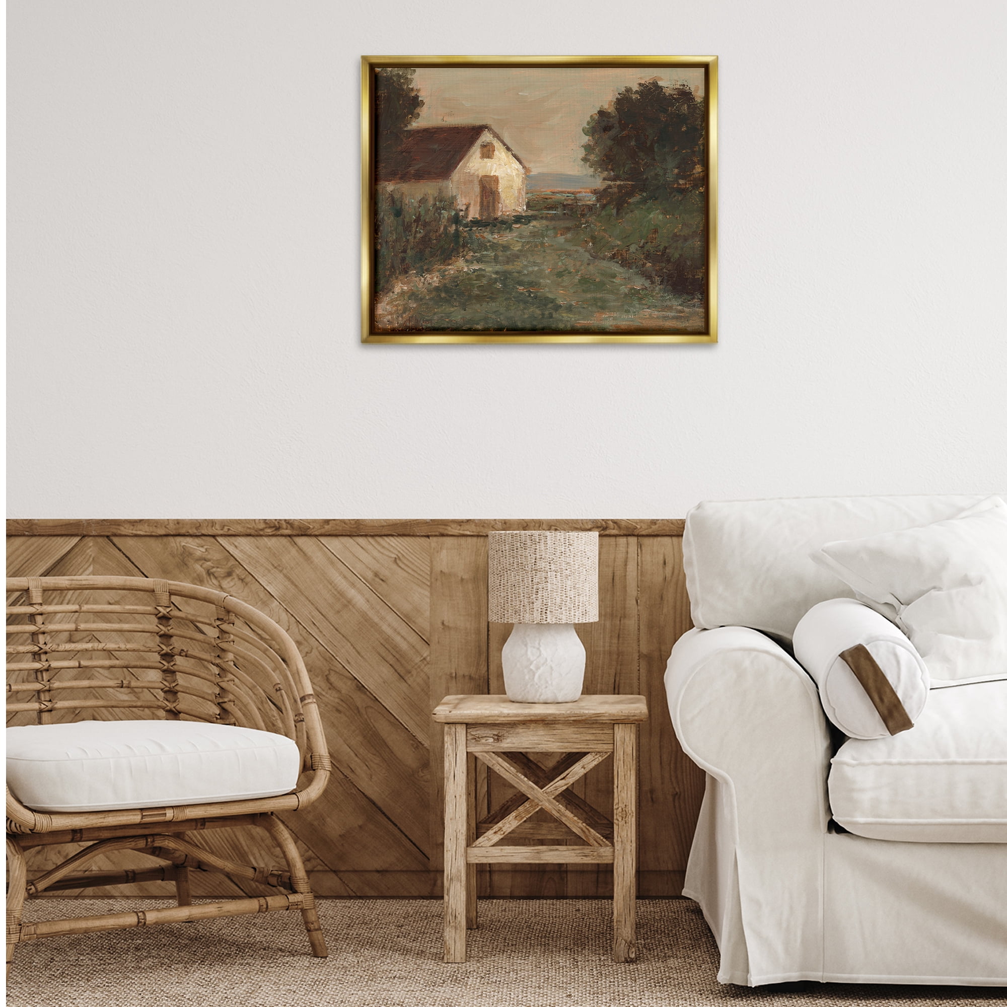 Stupell Industries Traditional Cottage by Sea Landscape & Nature Painting Gold Floater Framed Canvas Art Print Wall Art, 31 x 25