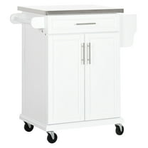 Kitchen Cart on Wheels, White, Stainless Steel Top, Drawer & Spice Rack